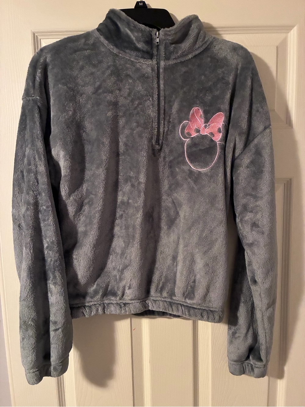 Women’s Gray Plush Quarter-Zip Fleece with Pink Bow Minnie Accent